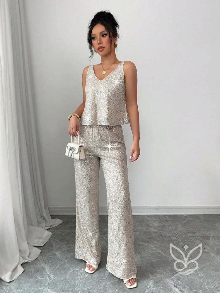 Conjunto Camisola Brilhante De Alça Fina E Calça Pantalona Brilhante Branco / PP Conjunto Camisola Brilhante De Alça