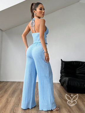 Conjunto Camisola Plissada Halter E Calça Pantalona Solta Conjunto Camisola Plissada Halter E Calça Pantalona Solta