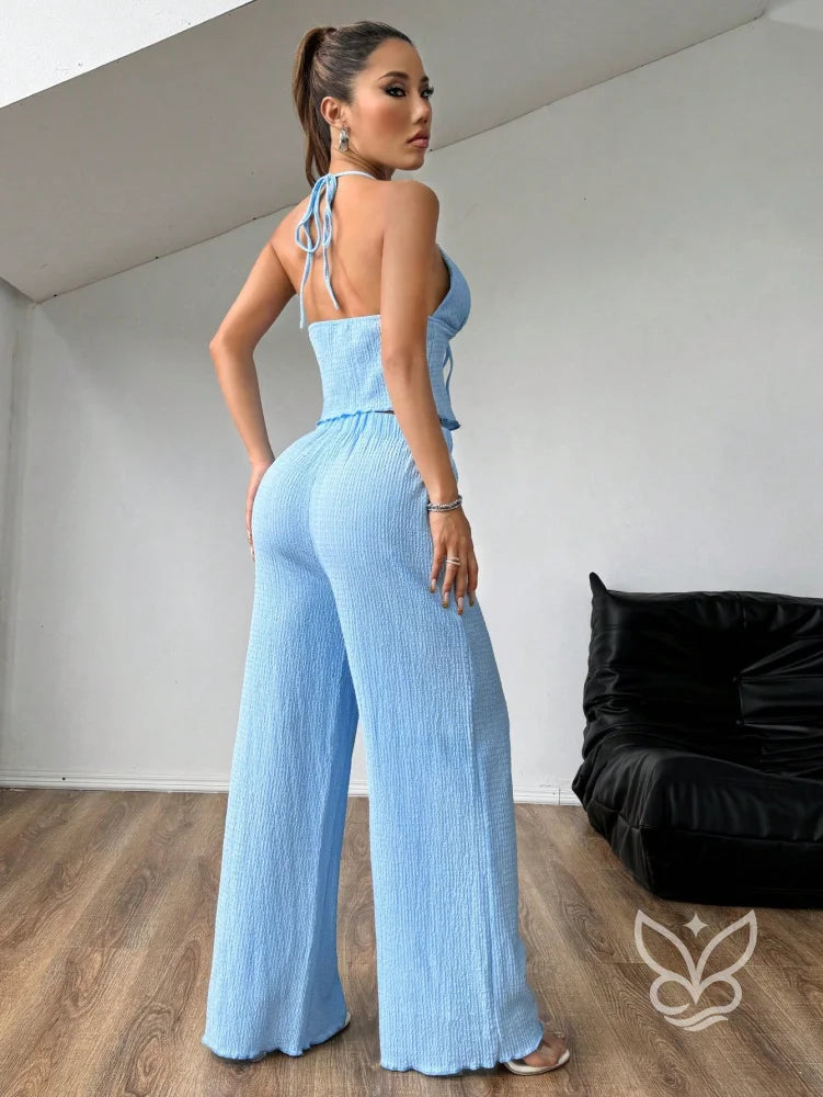 Conjunto Camisola Plissada Halter E Calça Pantalona Solta Conjunto Camisola Plissada Halter E Calça Pantalona Solta