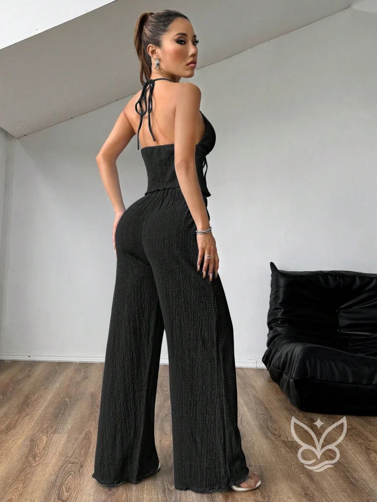 Conjunto Camisola Plissada Halter E Calça Pantalona Solta Conjunto Camisola Plissada Halter E Calça Pantalona Solta