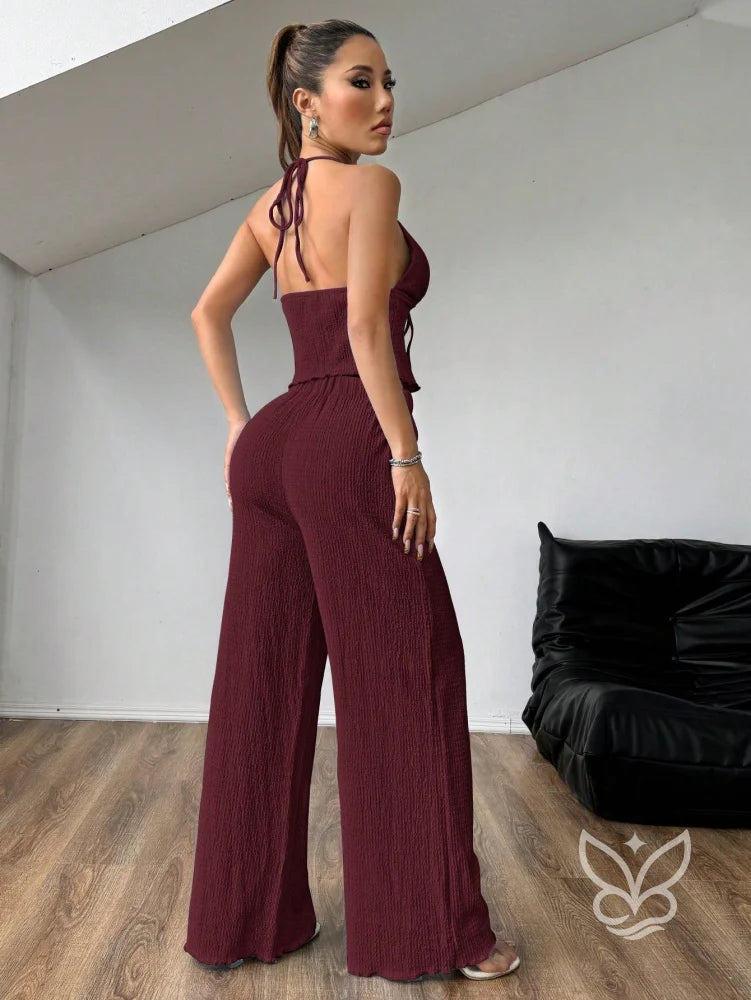 Conjunto Camisola Plissada Halter E Calça Pantalona Solta Conjunto Camisola Plissada Halter E Calça Pantalona Solta