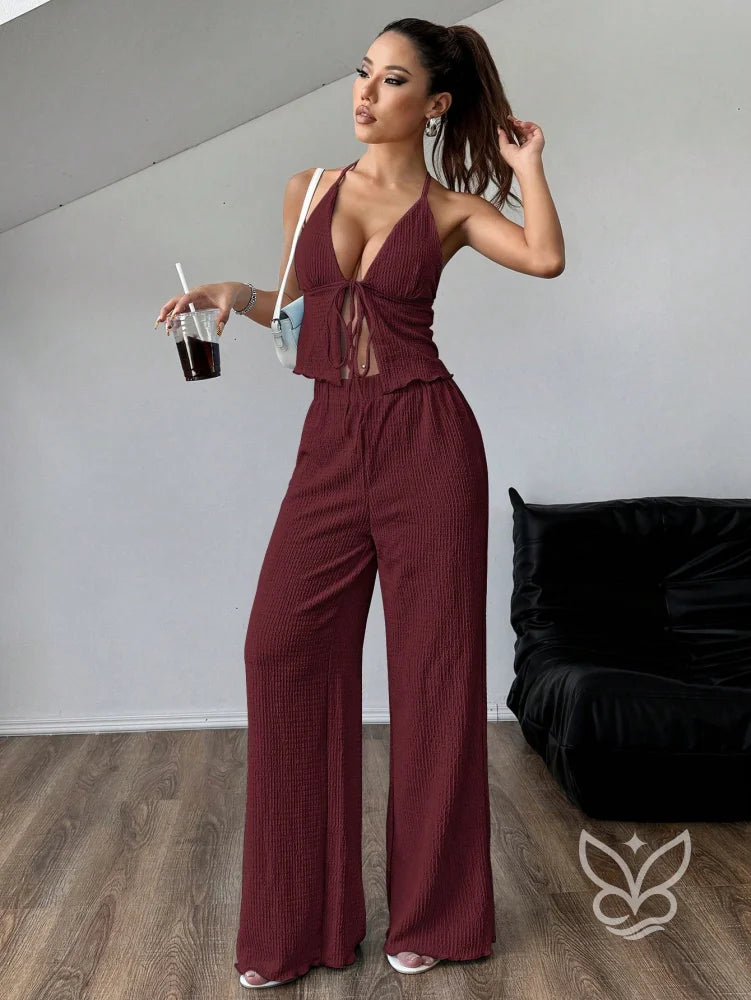 Conjunto Camisola Plissada Halter E Calça Pantalona Solta Vinho / PP Conjunto Camisola Plissada Halter E Calça