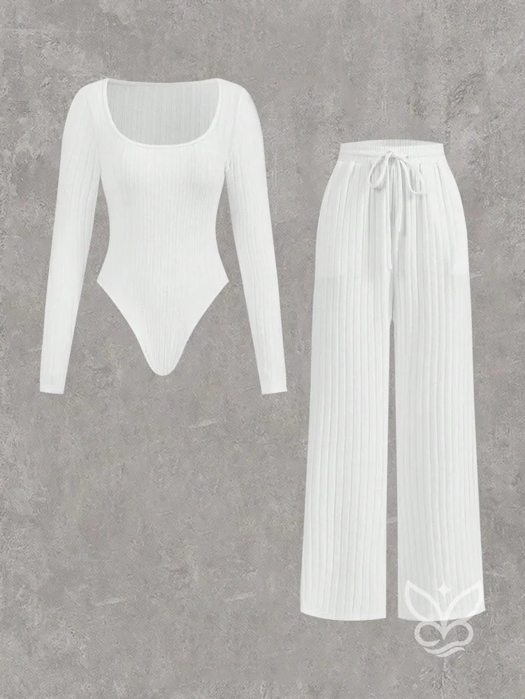 Conjunto Canelado Com Blusa Manga Longa E Calça Com Amarração Branco / PP Conjunto Canelado Com Blusa Manga Longa E