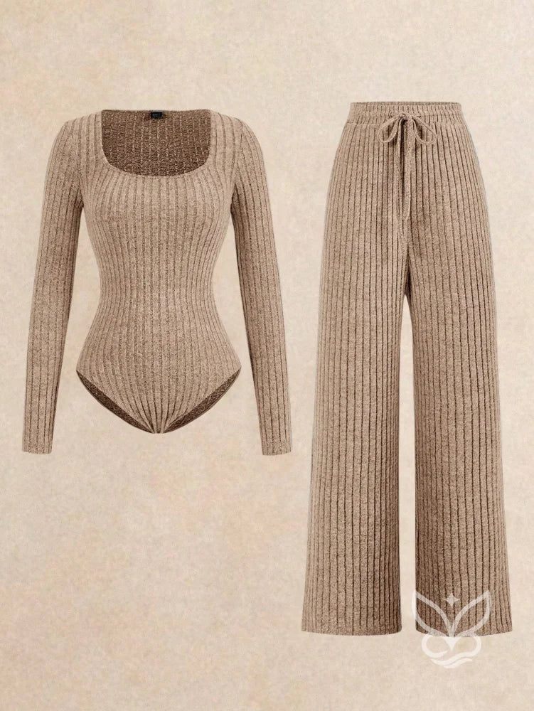 Conjunto Canelado Com Blusa Manga Longa E Calça Com Amarração Caramelo / PP Conjunto Canelado Com Blusa Manga Longa E