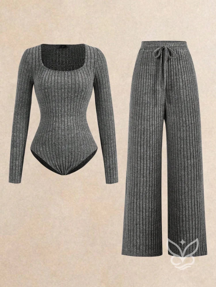 Conjunto Canelado Com Blusa Manga Longa E Calça Com Amarração Chumbo / PP Conjunto Canelado Com Blusa Manga Longa E