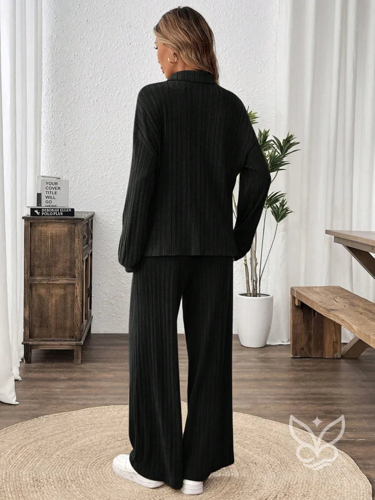 Conjunto Canelado Com Camisa De Botões E Calça Reta Casual Conjunto Canelado Com Camisa De Botões E Calça Reta Casual