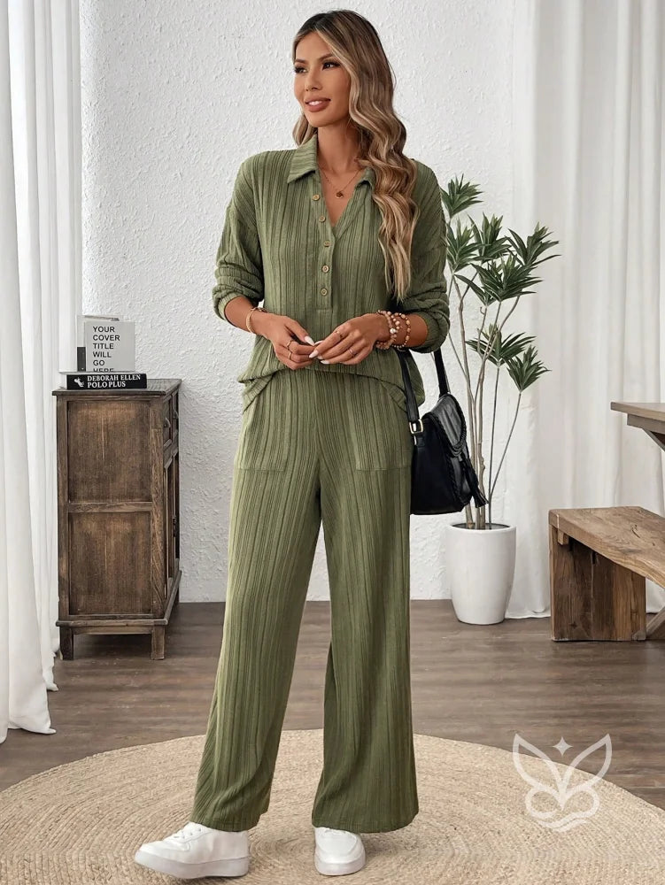 Conjunto Canelado Com Camisa De Botões E Calça Reta Casual Conjunto Canelado Com Camisa De Botões E Calça Reta Casual