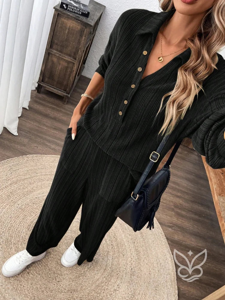 Conjunto Canelado Com Camisa De Botões E Calça Reta Casual Conjunto Canelado Com Camisa De Botões E Calça Reta Casual