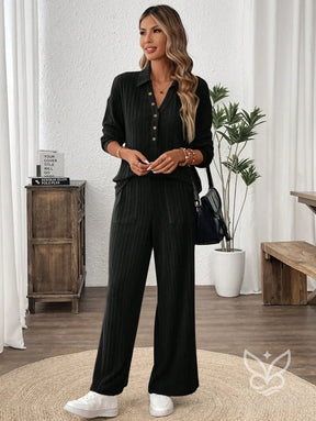 Conjunto Canelado Com Camisa De Botões E Calça Reta Casual Conjunto Canelado Com Camisa De Botões E Calça Reta Casual
