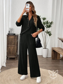 Conjunto Canelado Com Camisa De Botões E Calça Reta Casual Preto / PP Conjunto Canelado Com Camisa De Botões E Calça