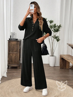 Conjunto Canelado Com Camisa De Botões E Calça Reta Casual Preto / PP Conjunto Canelado Com Camisa De Botões E Calça