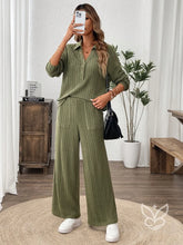 Conjunto Canelado Com Camisa De Botões E Calça Reta Casual Verde Militar / PP Conjunto Canelado Com Camisa De Botões E