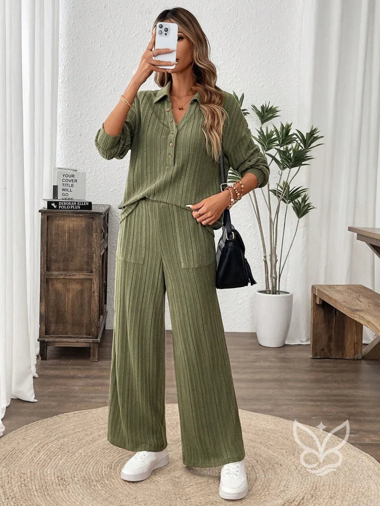 Conjunto Canelado Com Camisa De Botões E Calça Reta Casual Verde Militar / PP Conjunto Canelado Com Camisa De Botões E