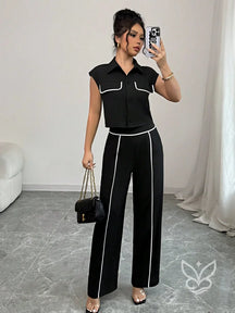 Conjunto Casual Blazer Abotoado E Calça Relaxada Preto / PP Conjunto Casual Blazer Abotoado E Calça Relaxada