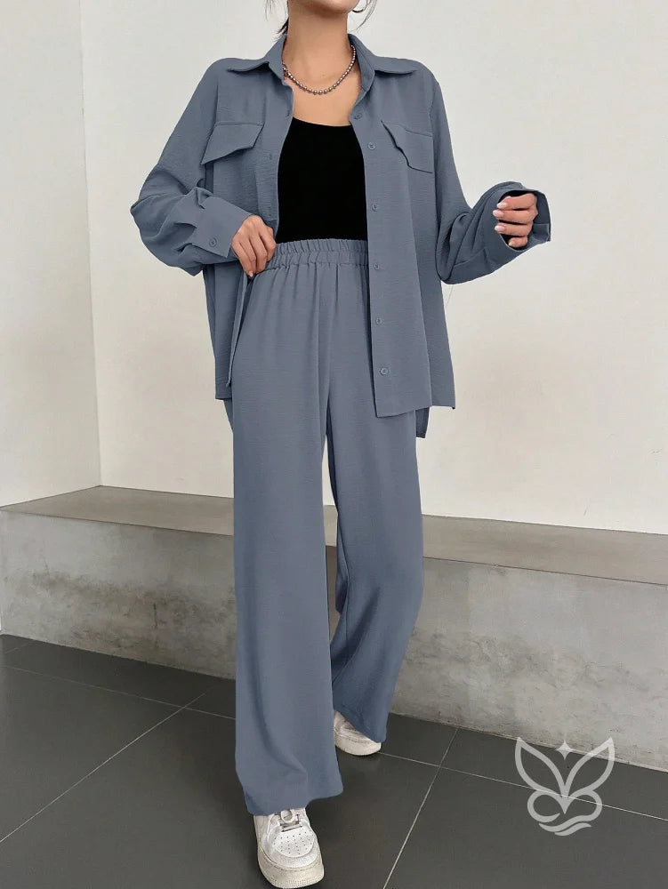 Conjunto Casual Blusa Manga Curta E Calça Flare Conjunto Casual Blusa Manga Curta E Calça Flare