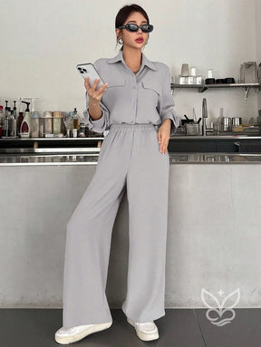 Conjunto Casual Blusa Manga Curta E Calça Flare Conjunto Casual Blusa Manga Curta E Calça Flare