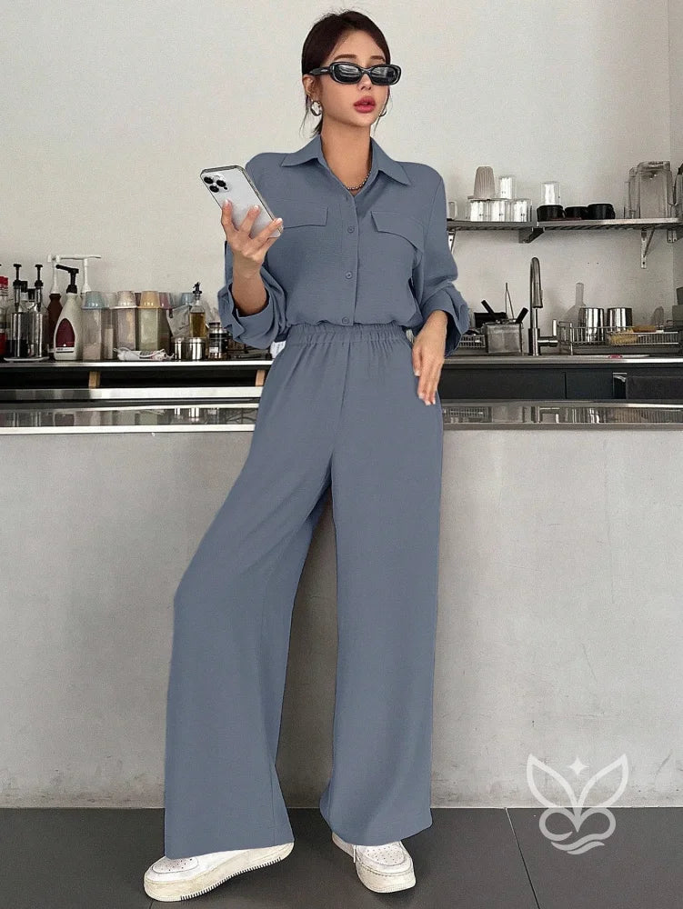 Conjunto Casual Blusa Manga Curta E Calça Flare Conjunto Casual Blusa Manga Curta E Calça Flare