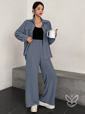 Conjunto Casual Blusa Manga Curta E Calça Flare Azul / PP Conjunto Casual Blusa Manga Curta E Calça Flare