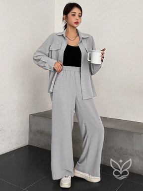 Conjunto Casual Blusa Manga Curta E Calça Flare Cinza / PP Conjunto Casual Blusa Manga Curta E Calça Flare