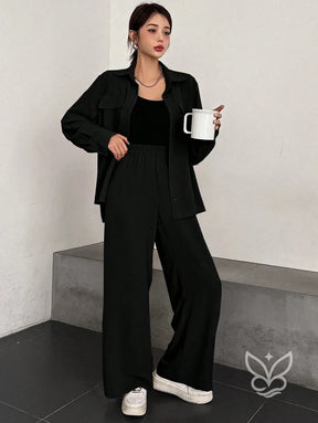 Conjunto Casual Blusa Manga Curta E Calça Flare Preto / PP Conjunto Casual Blusa Manga Curta E Calça Flare