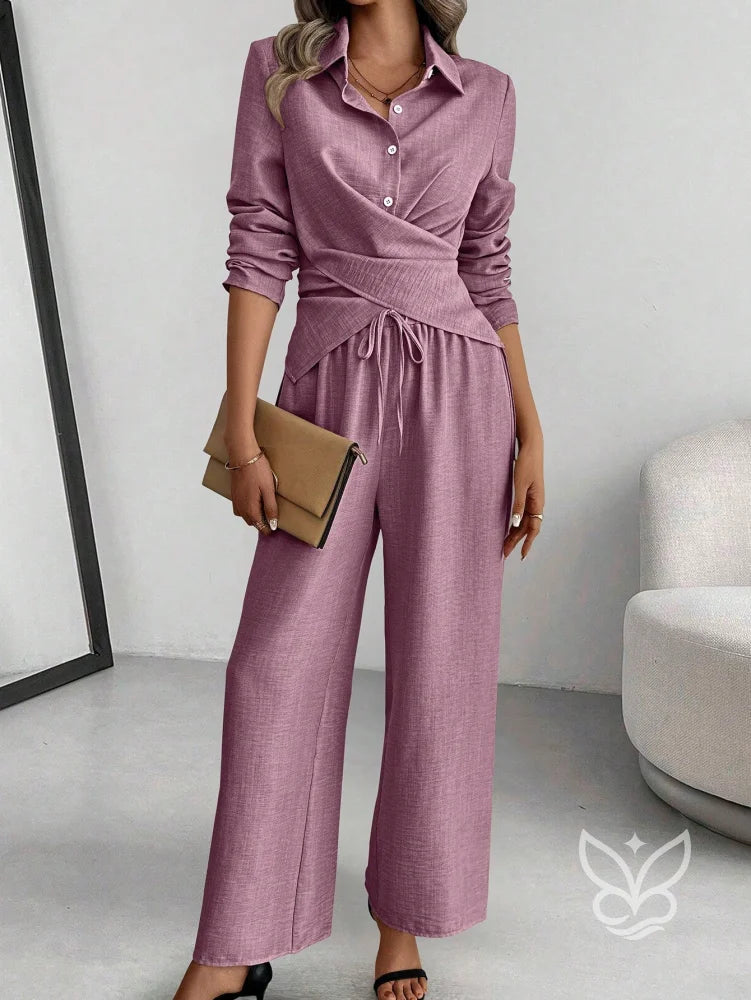 Conjunto Casual Blusa Manga Longa Transpassada E Calça Roxo Empoeirado / PP Conjunto Casual Blusa Manga Longa