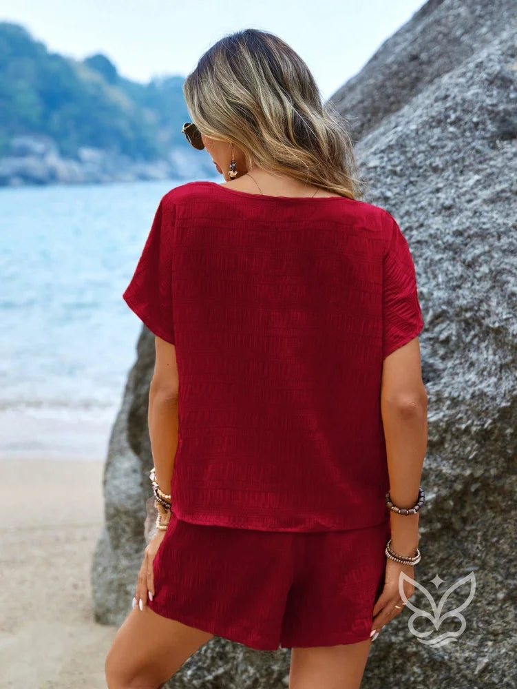 Conjunto Casual Com Amarração Na Cintura E Blusa Manga Curta Conjunto Casual Com Amarração Na Cintura E Blusa Manga