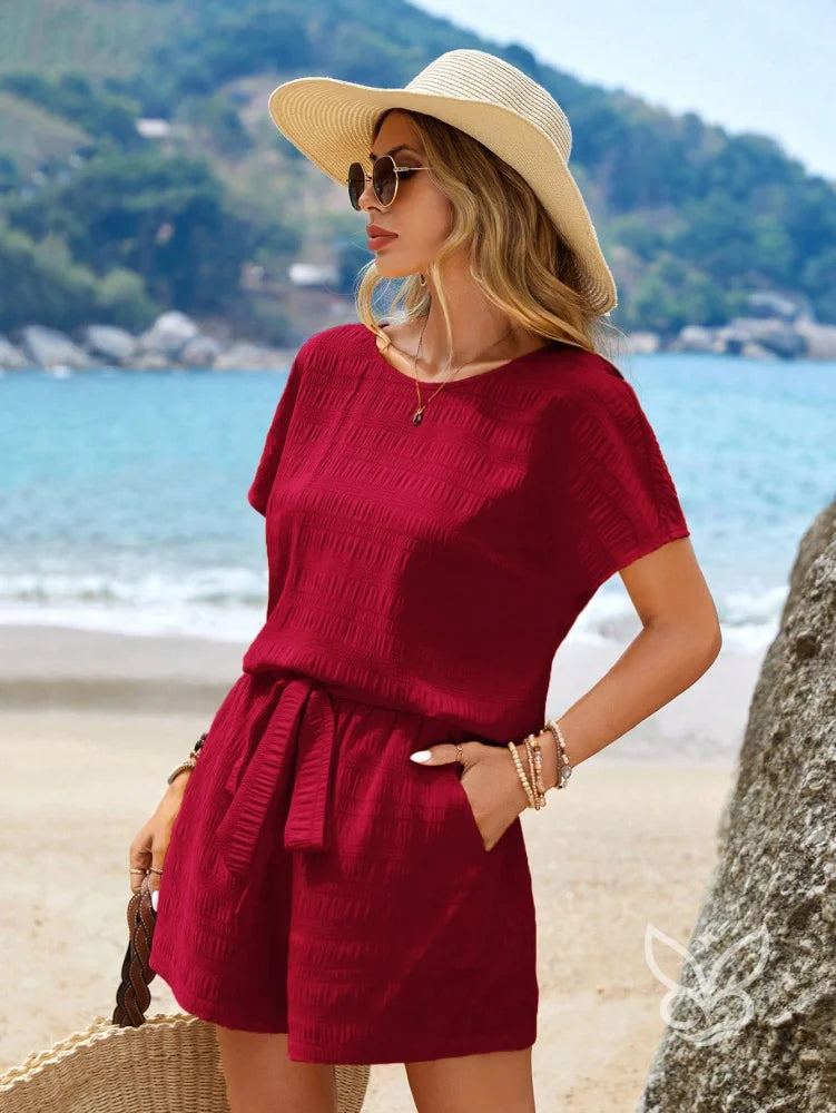 Conjunto Casual Com Amarração Na Cintura E Blusa Manga Curta Conjunto Casual Com Amarração Na Cintura E Blusa Manga