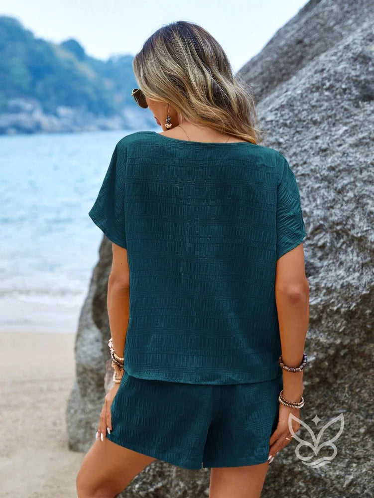 Conjunto Casual Com Amarração Na Cintura E Blusa Manga Curta Conjunto Casual Com Amarração Na Cintura E Blusa Manga