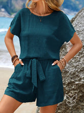 Conjunto Casual Com Amarração Na Cintura E Blusa Manga Curta Azul Petróleo / PP Conjunto Casual Com Amarração Na