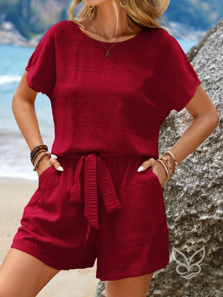 Conjunto Casual Com Amarração Na Cintura E Blusa Manga Curta Vinho / PP Conjunto Casual Com Amarração Na Cintura E