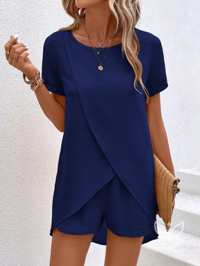 Conjunto Casual Com Blusa Assimétrica E Shorts Confortável Azul Marinho / PP Conjunto Casual Com Blusa Assimétrica E