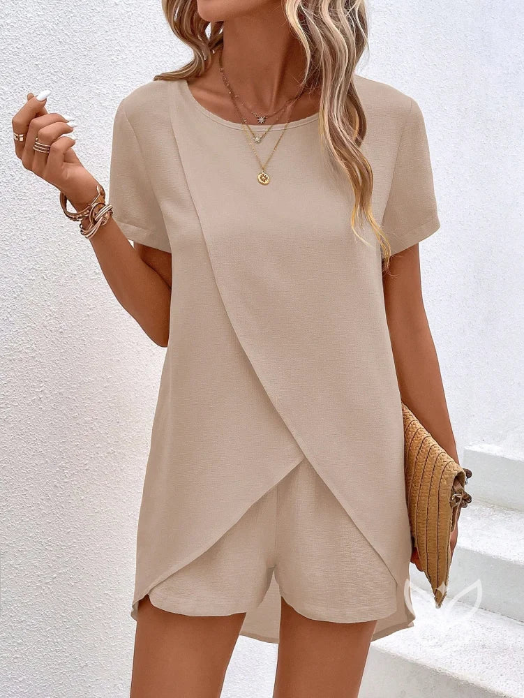 Conjunto Casual Com Blusa Assimétrica E Shorts Confortável Damasco / PP Conjunto Casual Com Blusa Assimétrica E Shorts