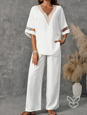 Conjunto Casual Com Blusa De Decote V E Calça Reta Sofisticada Conjunto Casual Com Blusa De Decote V E Calça Reta