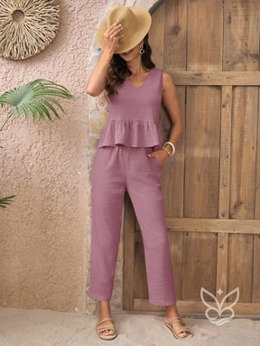 Conjunto Casual Com Regata Peplum E Calça Reta Roxo Empoeirado / PP Conjunto Casual Com Regata Peplum E Calça Reta