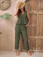 Conjunto Casual Com Regata Peplum E Calça Reta Verde Militar / PP Conjunto Casual Com Regata Peplum E Calça Reta
