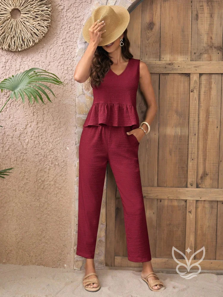 Conjunto Casual Com Regata Peplum E Calça Reta Vinho / PP Conjunto Casual Com Regata Peplum E Calça Reta
