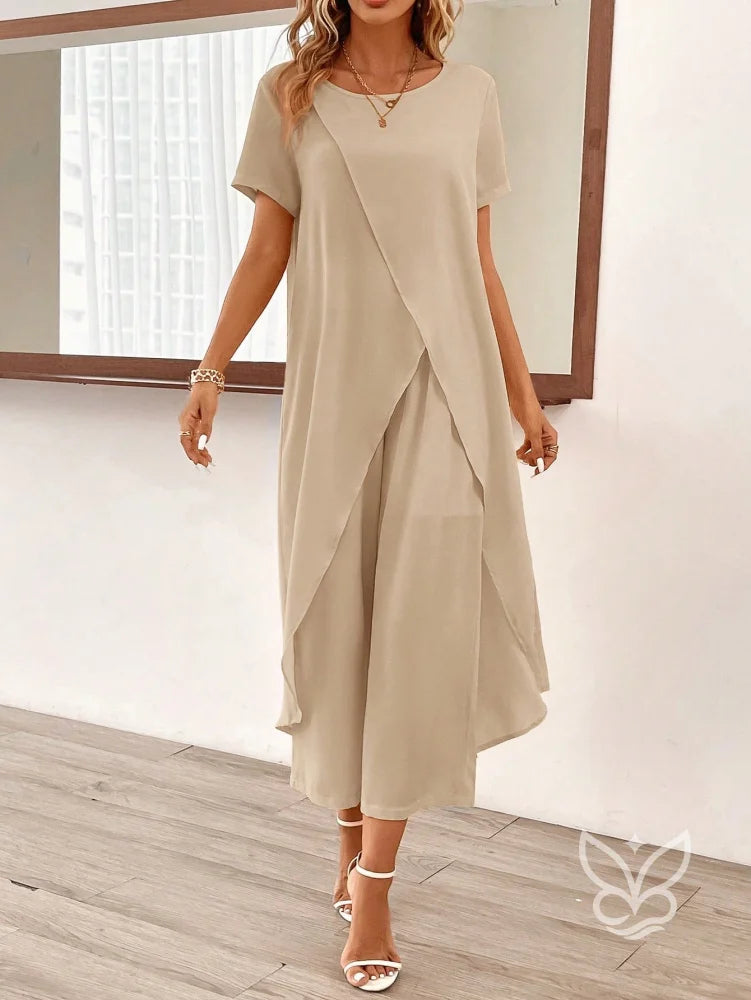Conjunto Co-ord Estampado Com Barra Assimétrica Conjunto Blusa Cropped E Calça Pantacourt Estilo Casual Chic