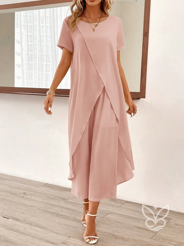 Conjunto Co-ord Estampado Com Barra Assimétrica Conjunto Blusa Cropped E Calça Pantacourt Estilo Casual Chic