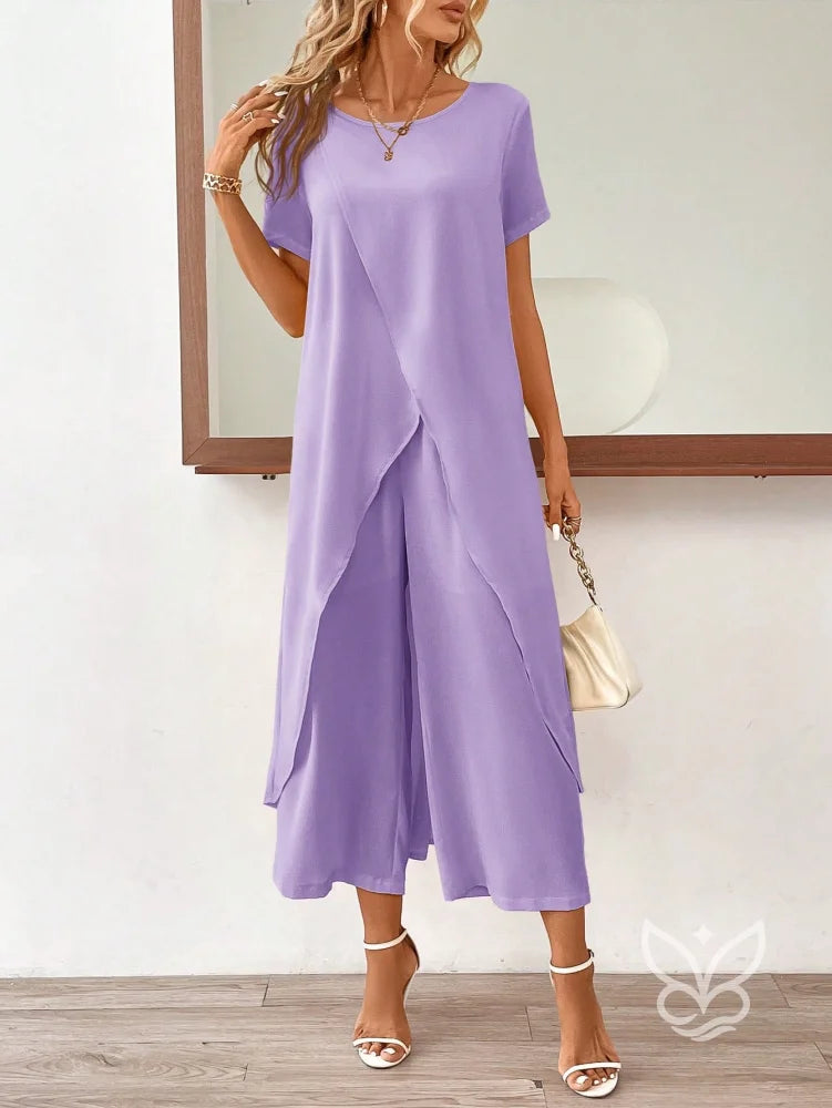 Conjunto Co-ord Estampado Com Barra Assimétrica Conjunto Blusa Cropped E Calça Pantacourt Estilo Casual Chic