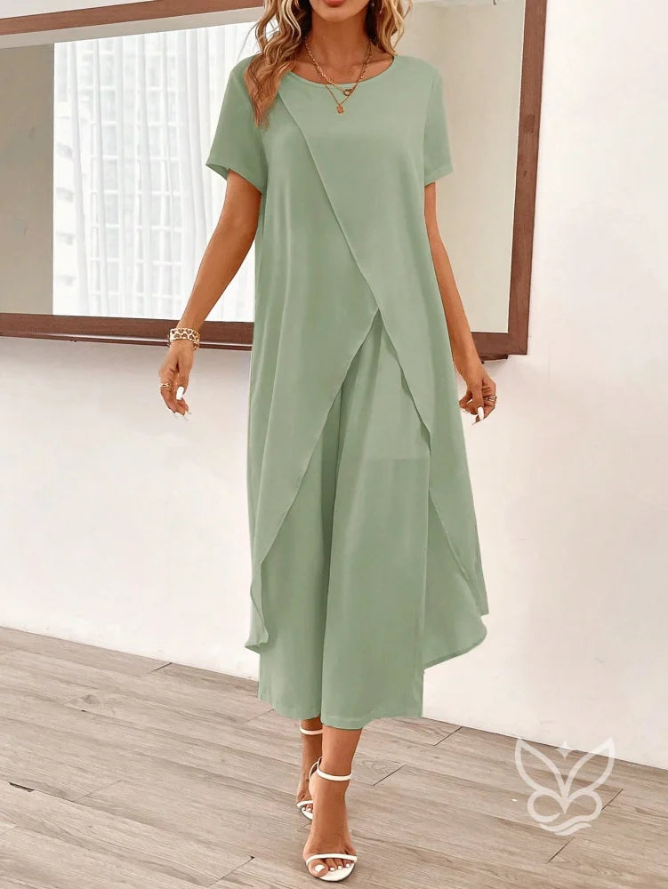 Conjunto Co-ord Estampado Com Barra Assimétrica Conjunto Blusa Cropped E Calça Pantacourt Estilo Casual Chic