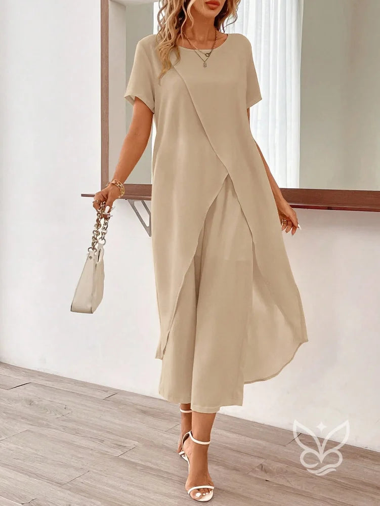Conjunto Co-ord Estampado Com Barra Assimétrica Caqui / PP Conjunto Blusa Cropped E Calça Pantacourt Estilo Casual Chic
