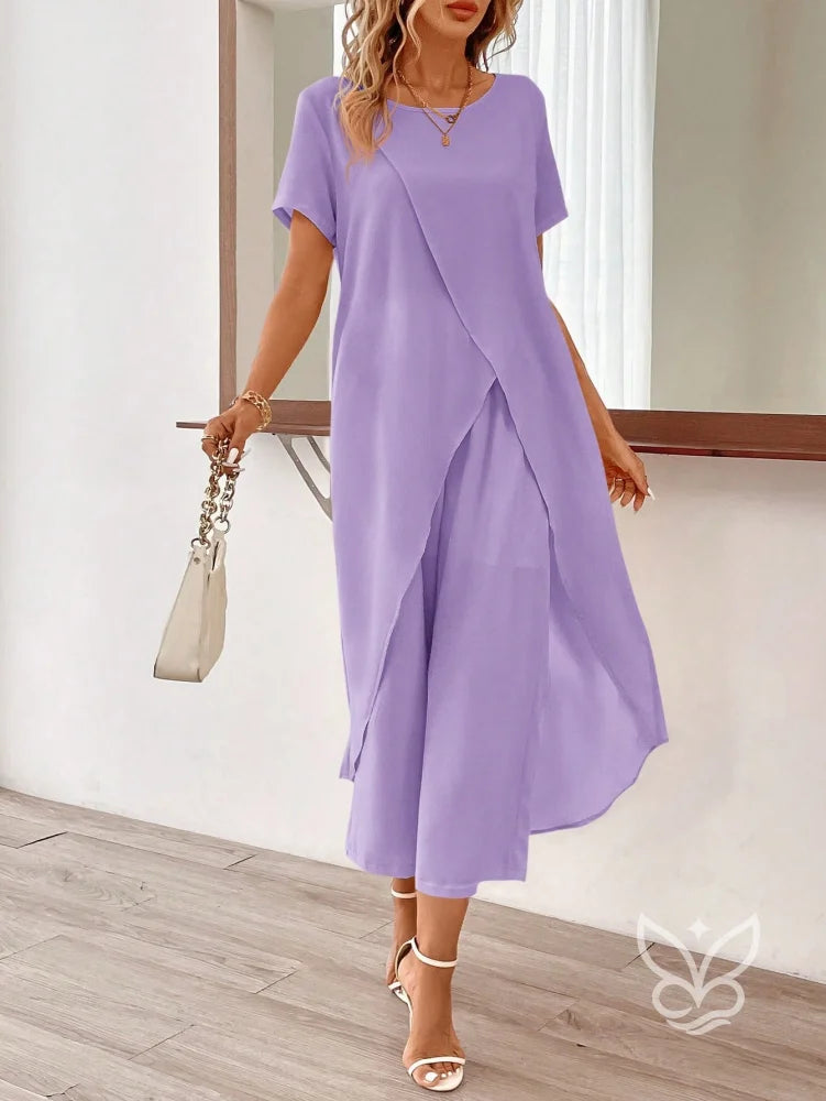Conjunto Co-ord Estampado Com Barra Assimétrica Púrpura / PP Conjunto Blusa Cropped E Calça Pantacourt Estilo Casual