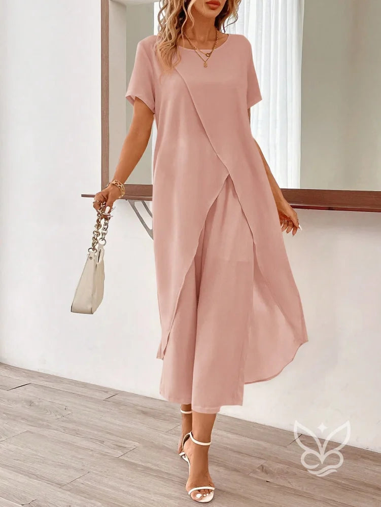 Conjunto Co-ord Estampado Com Barra Assimétrica Rosa Bebê / PP Conjunto Blusa Cropped E Calça Pantacourt Estilo Casual