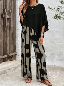 Conjunto Co-ord Estampado Com Blusa Assimétrica E Calça Pantalona Preto / PP Conjunto Co-ord Estampado Com Blusa