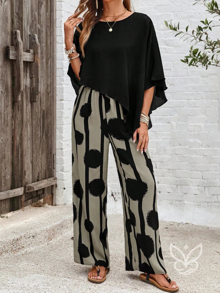 Conjunto Co-ord Estampado Com Blusa Assimétrica E Calça Pantalona Preto / PP Conjunto Co-ord Estampado Com Blusa