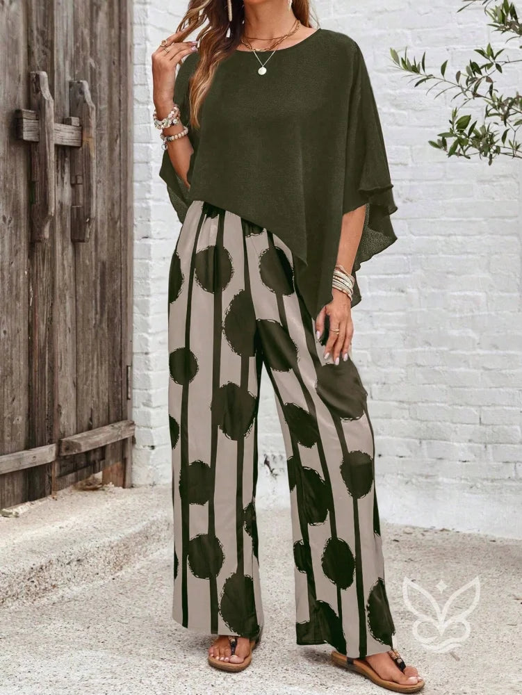Conjunto Co-ord Estampado Com Blusa Assimétrica E Calça Pantalona Verde / PP Conjunto Co-ord Estampado Com Blusa