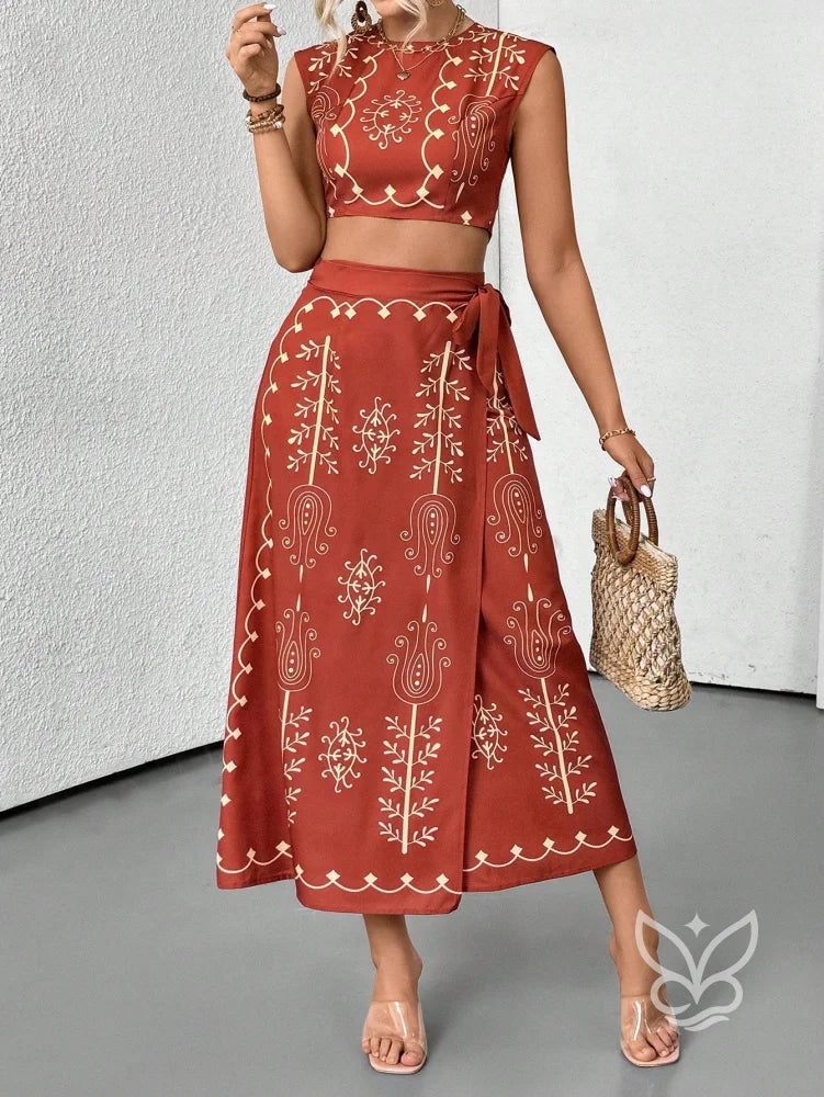 Conjunto Co-ord Estampado Com Cropped E Saia Midi Com Botões Conjunto Co-ord Estampado Com Cropped E Saia Midi Com