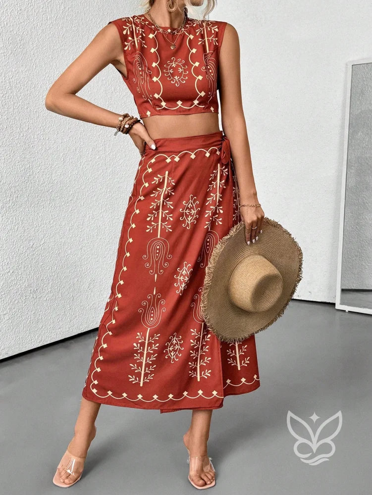 Conjunto Co-ord Estampado Com Cropped E Saia Midi Com Botões Conjunto Co-ord Estampado Com Cropped E Saia Midi Com