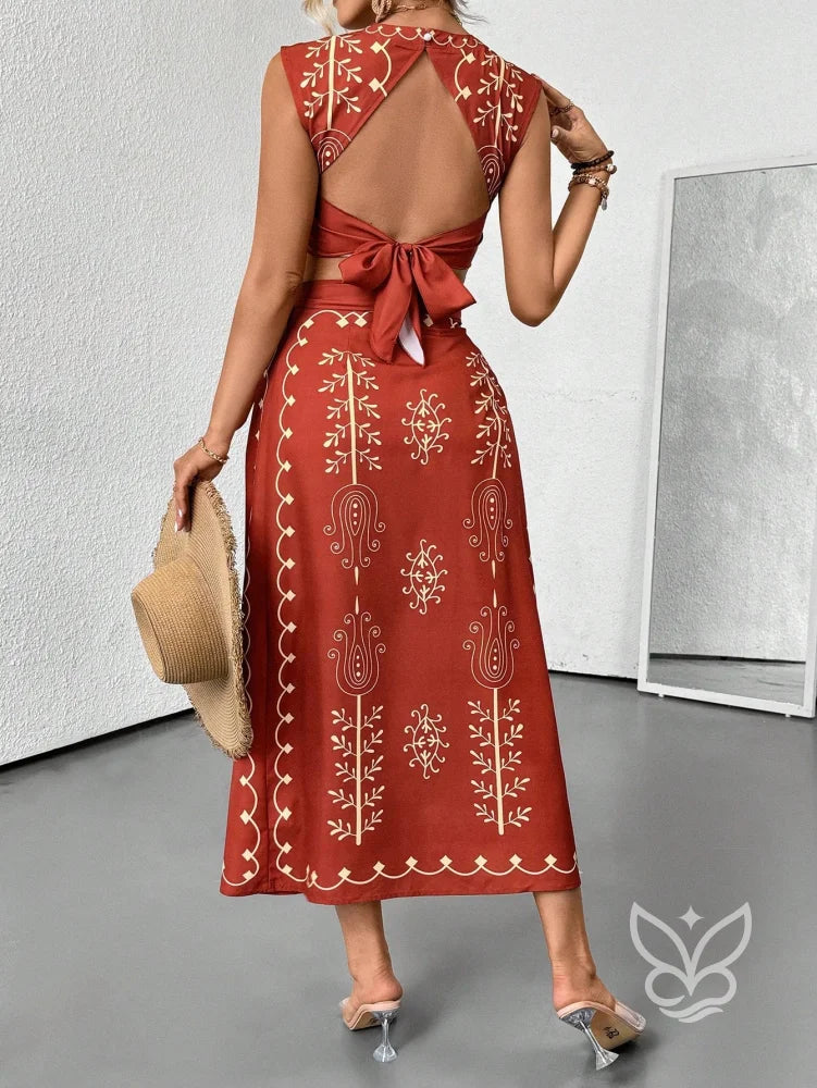 Conjunto Co-ord Estampado Com Cropped E Saia Midi Com Botões Conjunto Co-ord Estampado Com Cropped E Saia Midi Com
