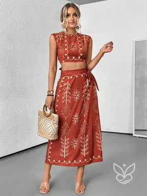 Conjunto Co-ord Estampado Com Cropped E Saia Midi Com Botões Marrom / PP Conjunto Co-ord Estampado Com Cropped E Saia